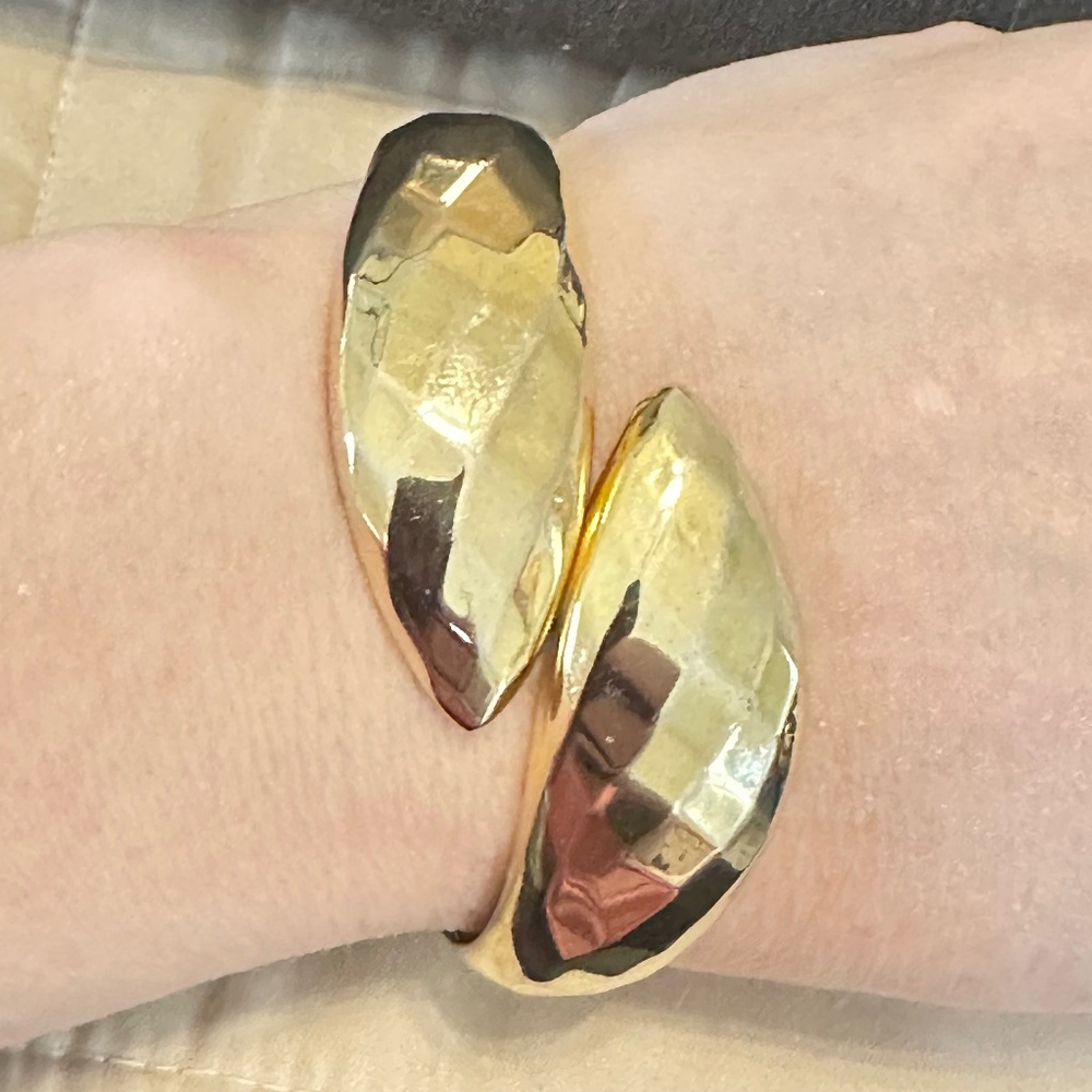 Gold Tone, Hinged Bangle Bracelet, Faceted Bypass Design. Vintage.